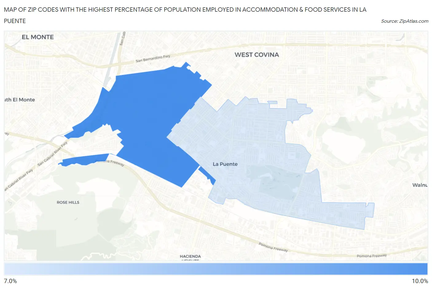 Zip Codes with the Highest Percentage of Population Employed in Accommodation & Food Services in La Puente Map