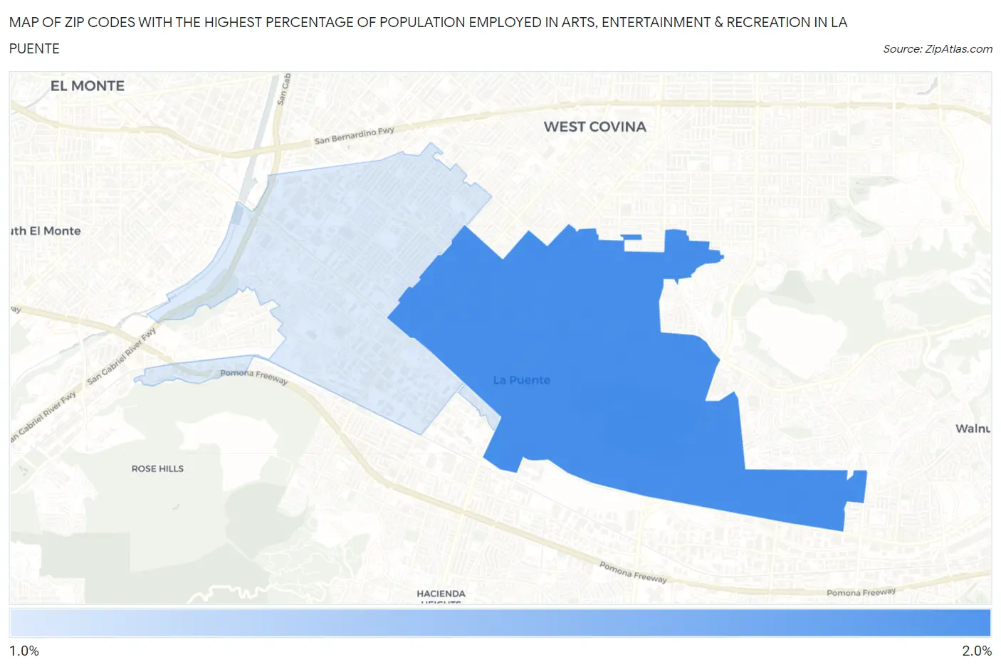 Zip Codes with the Highest Percentage of Population Employed in Arts, Entertainment & Recreation in La Puente Map