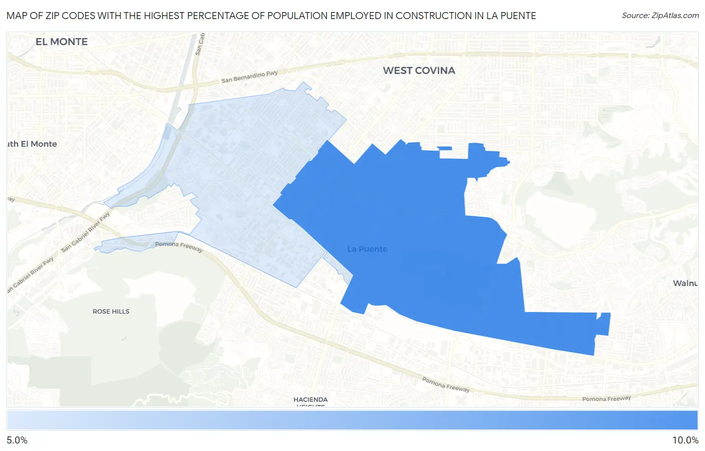 Zip Codes with the Highest Percentage of Population Employed in Construction in La Puente Map