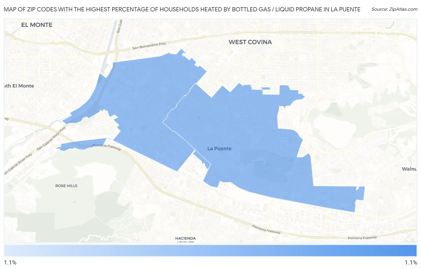 Zip Codes with the Highest Percentage of Households Heated by Bottled Gas / Liquid Propane in La Puente Map
