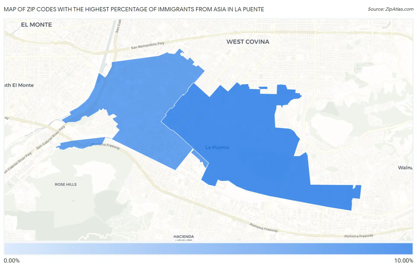 Zip Codes with the Highest Percentage of Immigrants from Asia in La Puente Map