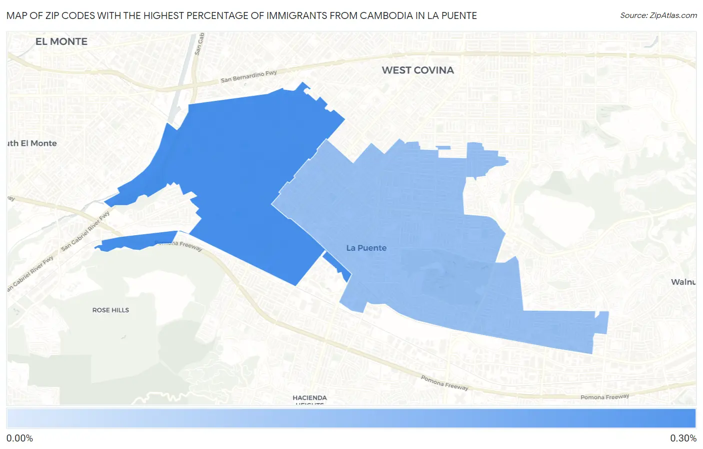 Zip Codes with the Highest Percentage of Immigrants from Cambodia in La Puente Map