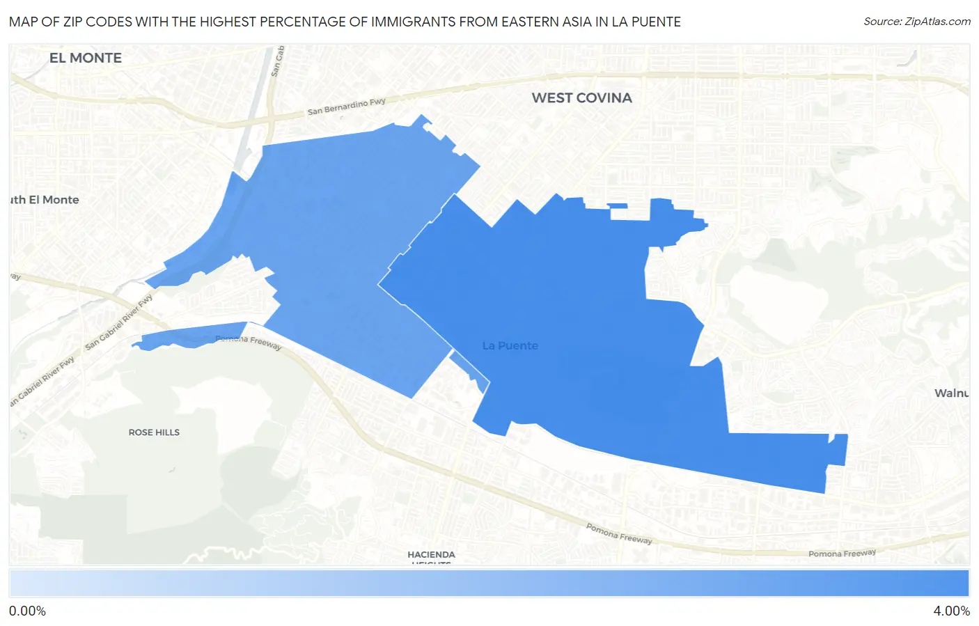 Zip Codes with the Highest Percentage of Immigrants from Eastern Asia in La Puente Map
