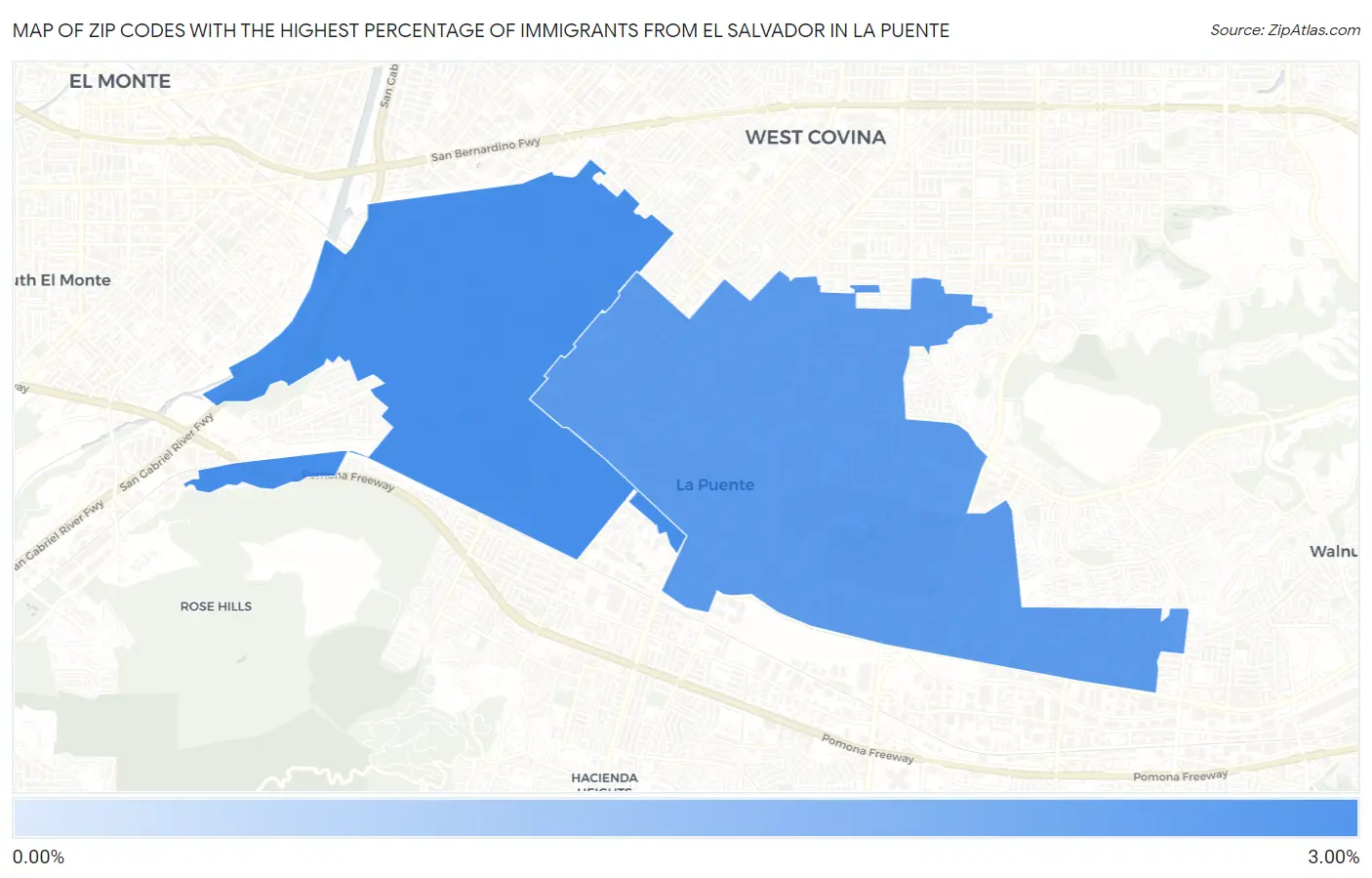 Zip Codes with the Highest Percentage of Immigrants from El Salvador in La Puente Map
