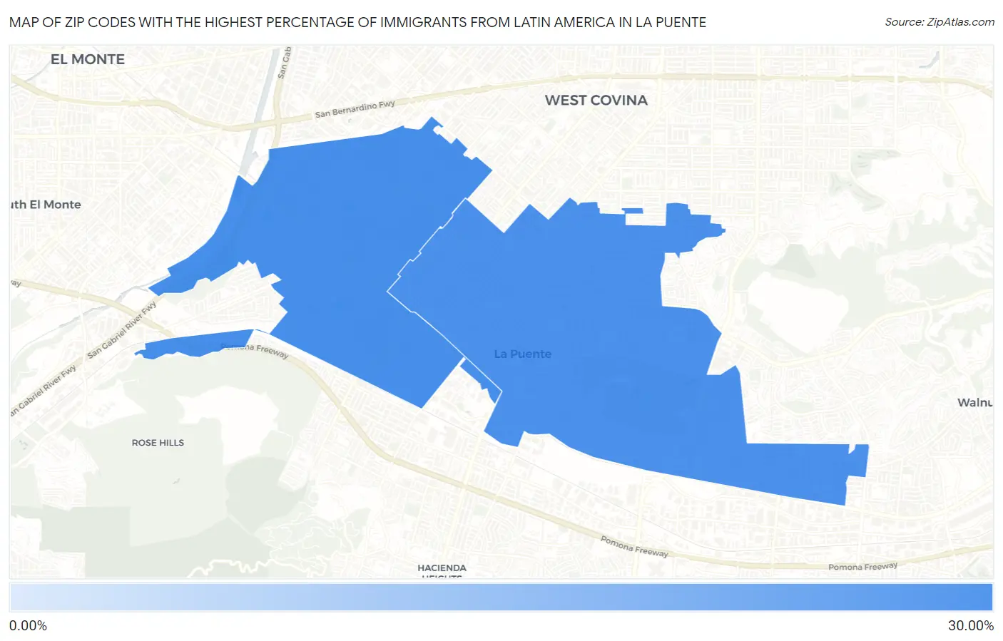 Zip Codes with the Highest Percentage of Immigrants from Latin America in La Puente Map