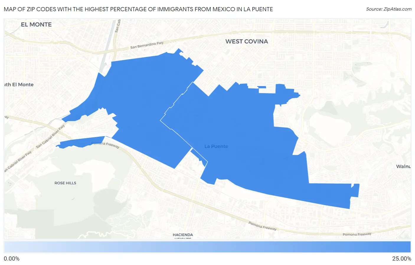Zip Codes with the Highest Percentage of Immigrants from Mexico in La Puente Map