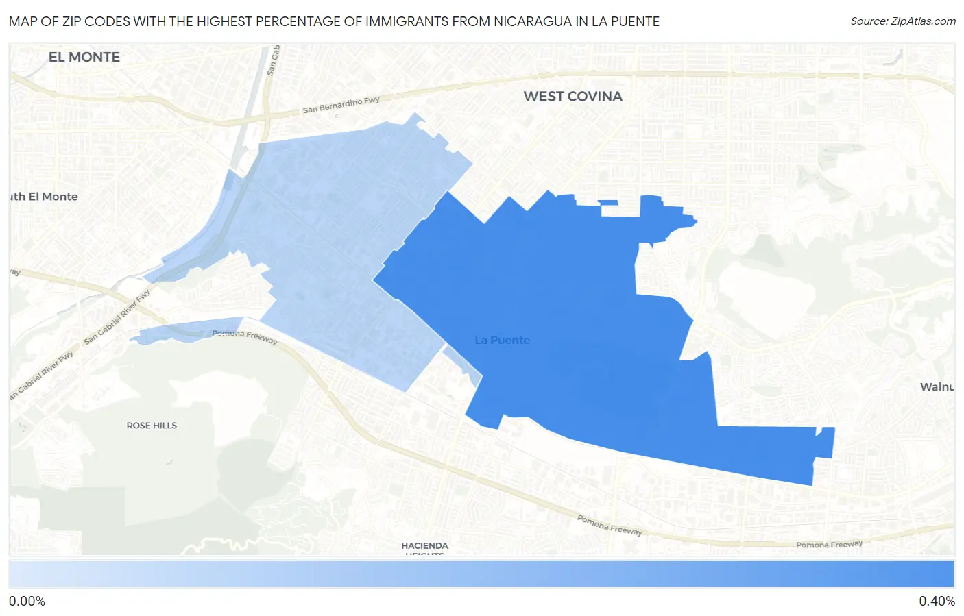 Zip Codes with the Highest Percentage of Immigrants from Nicaragua in La Puente Map