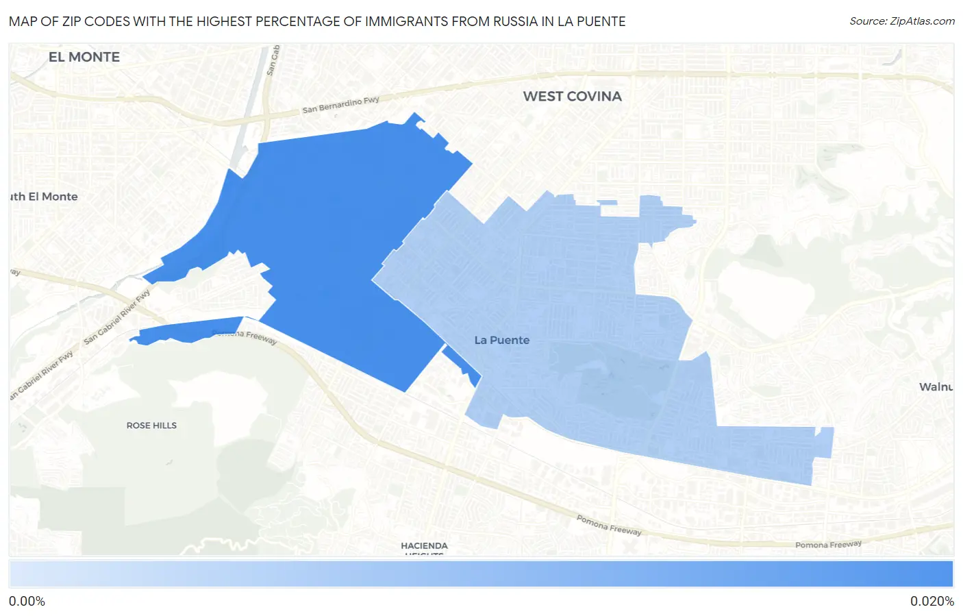 Zip Codes with the Highest Percentage of Immigrants from Russia in La Puente Map