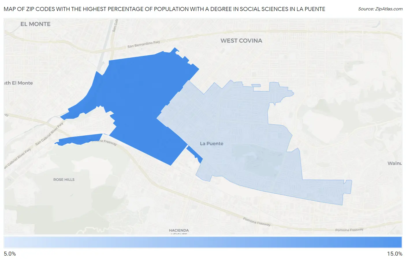 Zip Codes with the Highest Percentage of Population with a Degree in Social Sciences in La Puente Map