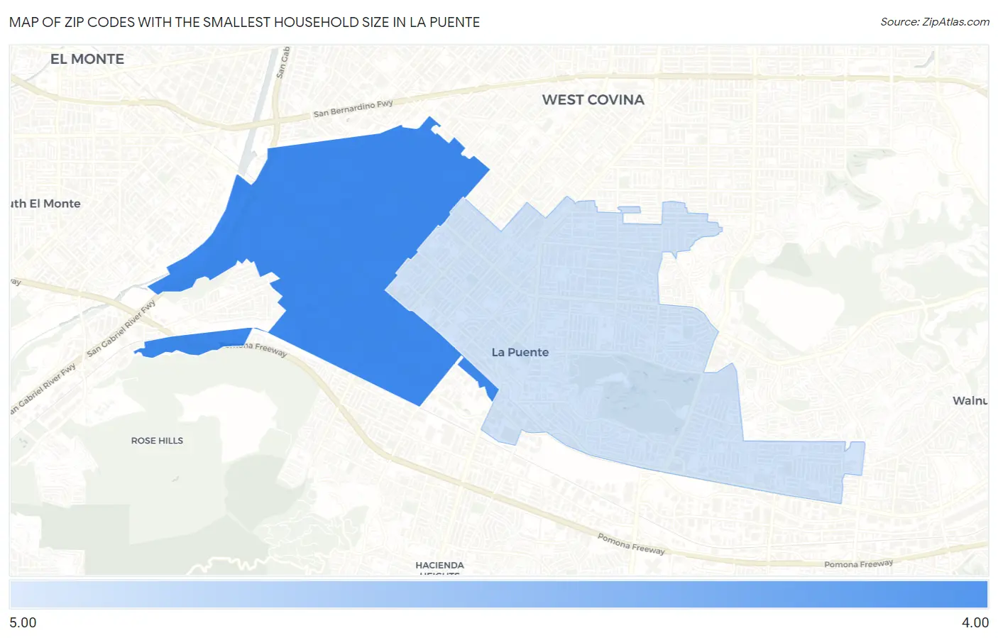 Zip Codes with the Smallest Household Size in La Puente Map