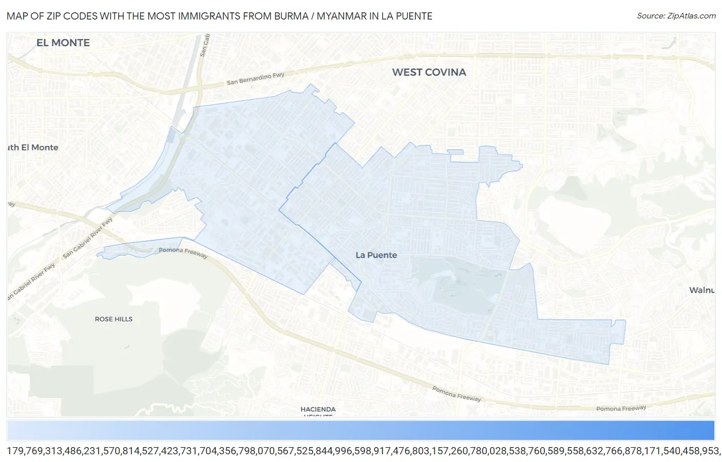 Zip Codes with the Most Immigrants from Burma / Myanmar in La Puente Map