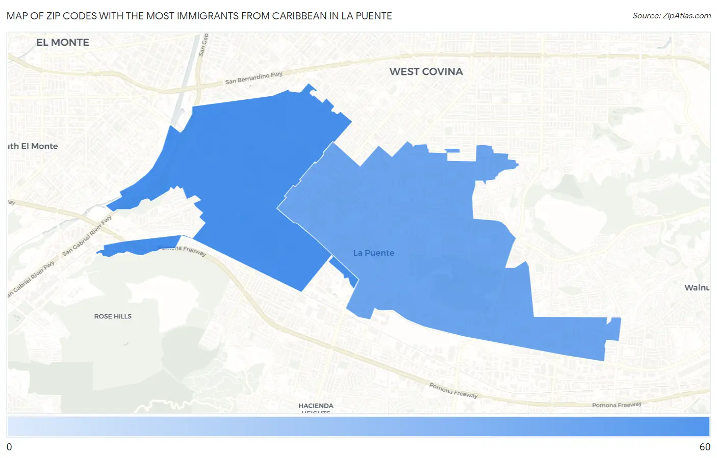 Zip Codes with the Most Immigrants from Caribbean in La Puente Map