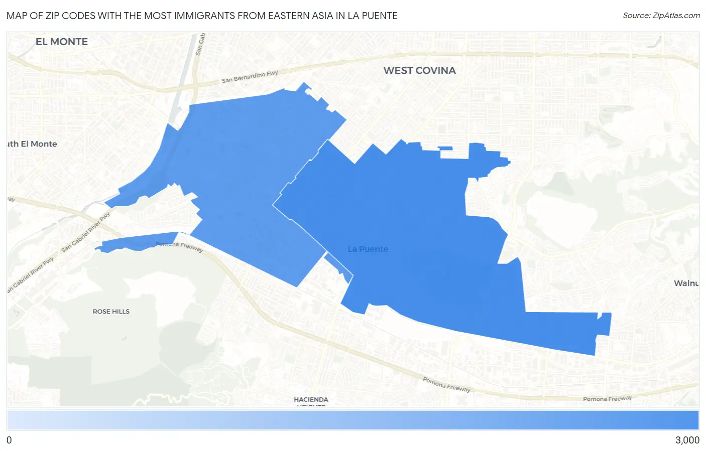 Zip Codes with the Most Immigrants from Eastern Asia in La Puente Map