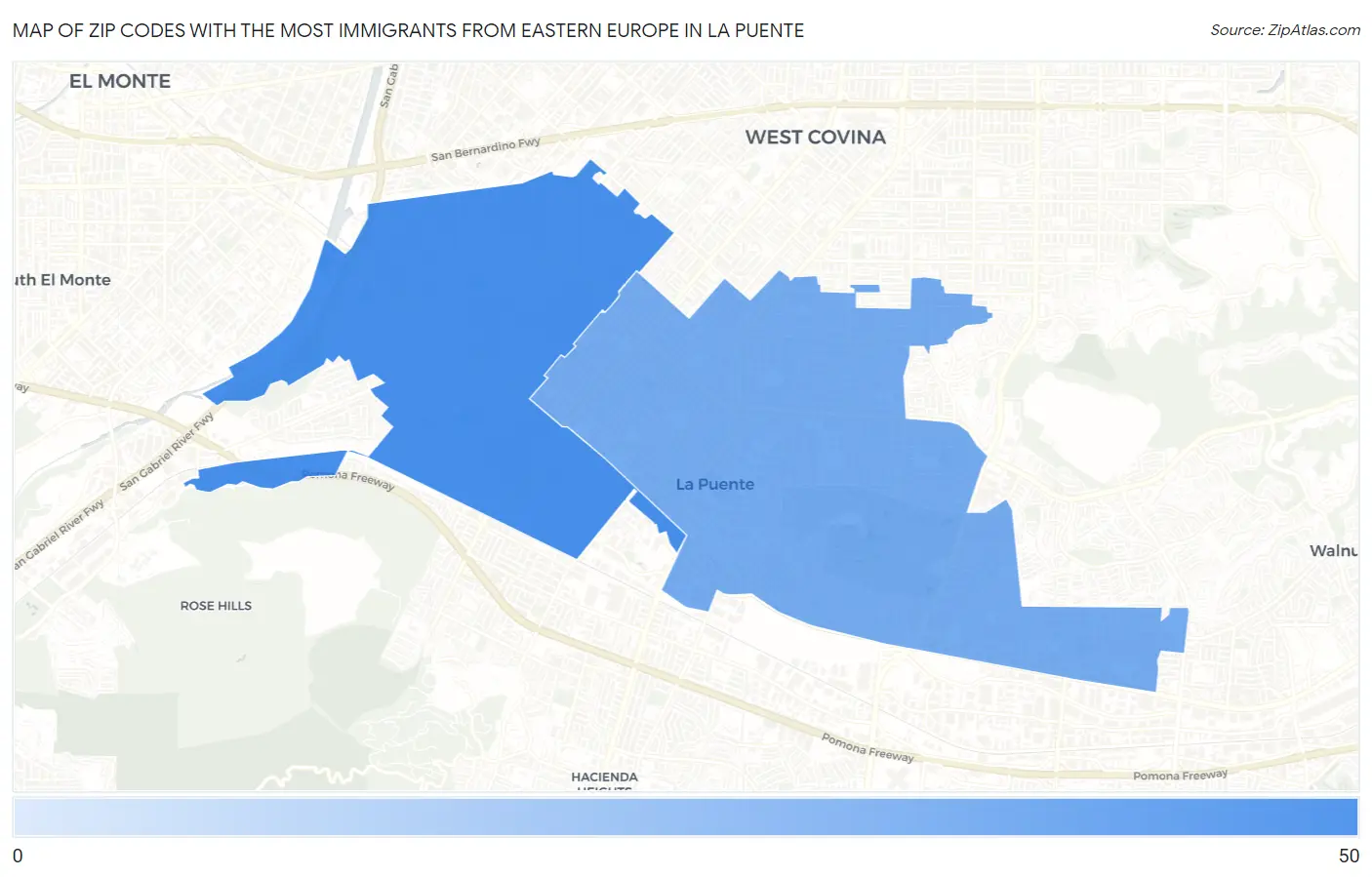 Zip Codes with the Most Immigrants from Eastern Europe in La Puente Map