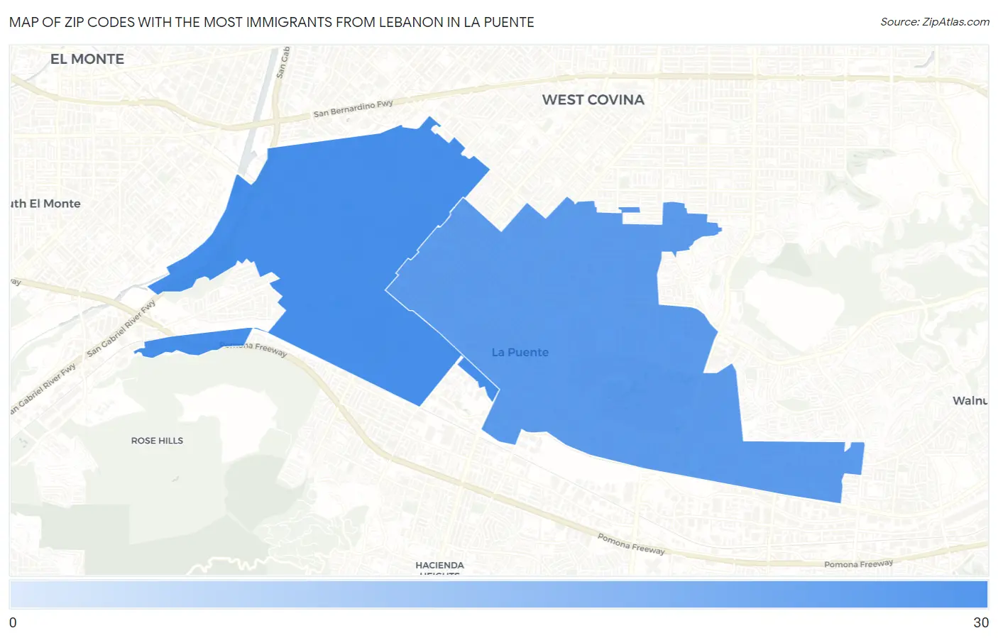 Zip Codes with the Most Immigrants from Lebanon in La Puente Map