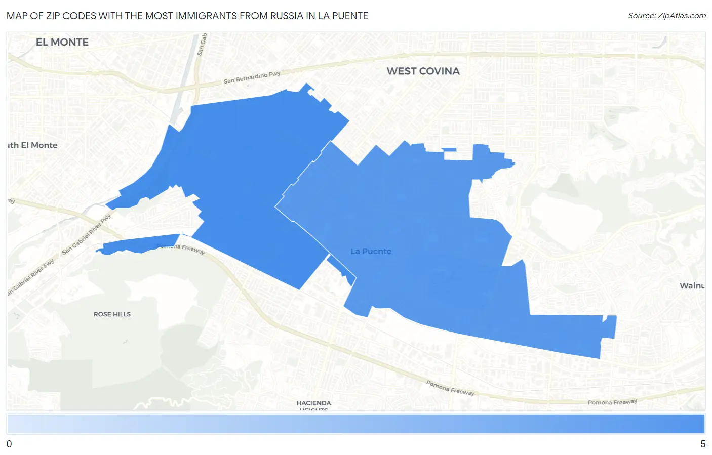 Zip Codes with the Most Immigrants from Russia in La Puente Map