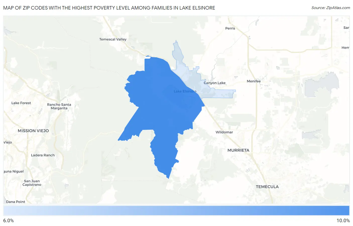 Zip Codes with the Highest Poverty Level Among Families in Lake Elsinore Map