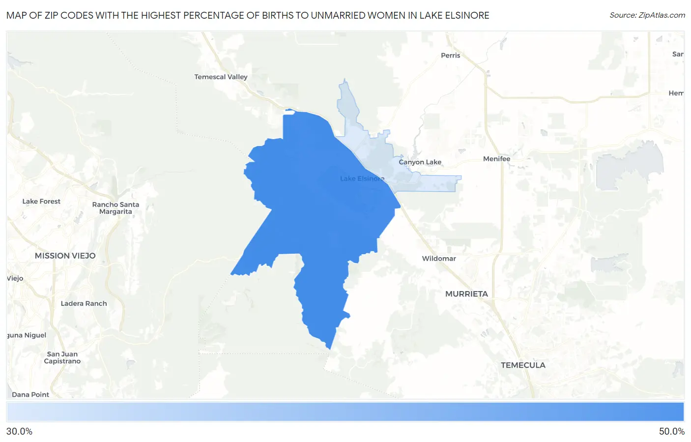 Zip Codes with the Highest Percentage of Births to Unmarried Women in Lake Elsinore Map