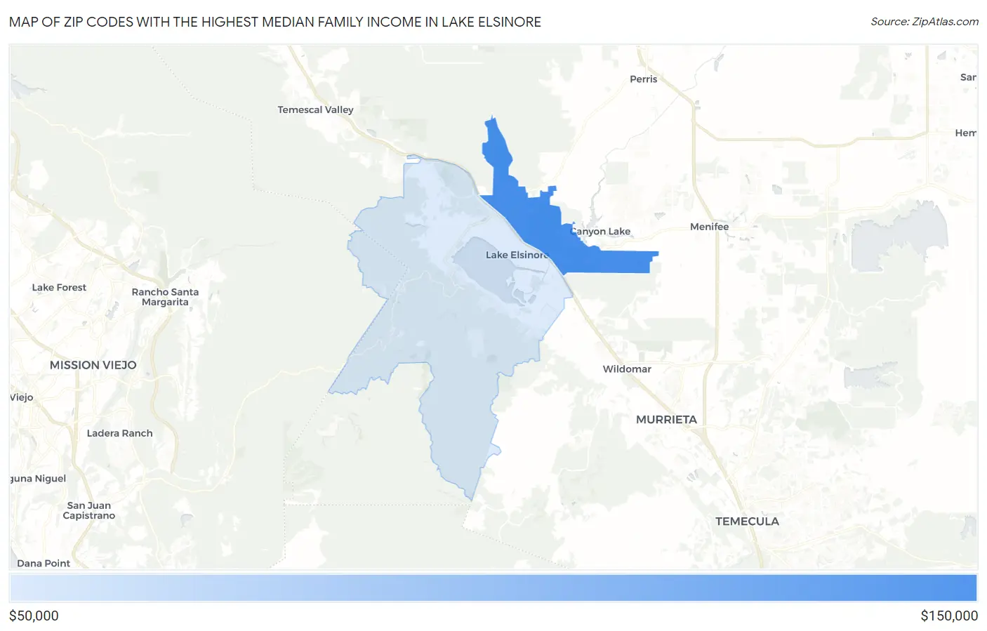 Zip Codes with the Highest Median Family Income in Lake Elsinore Map