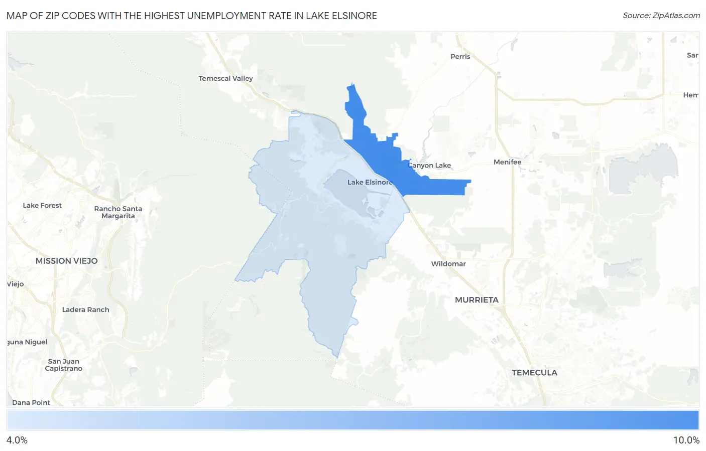 Zip Codes with the Highest Unemployment Rate in Lake Elsinore Map
