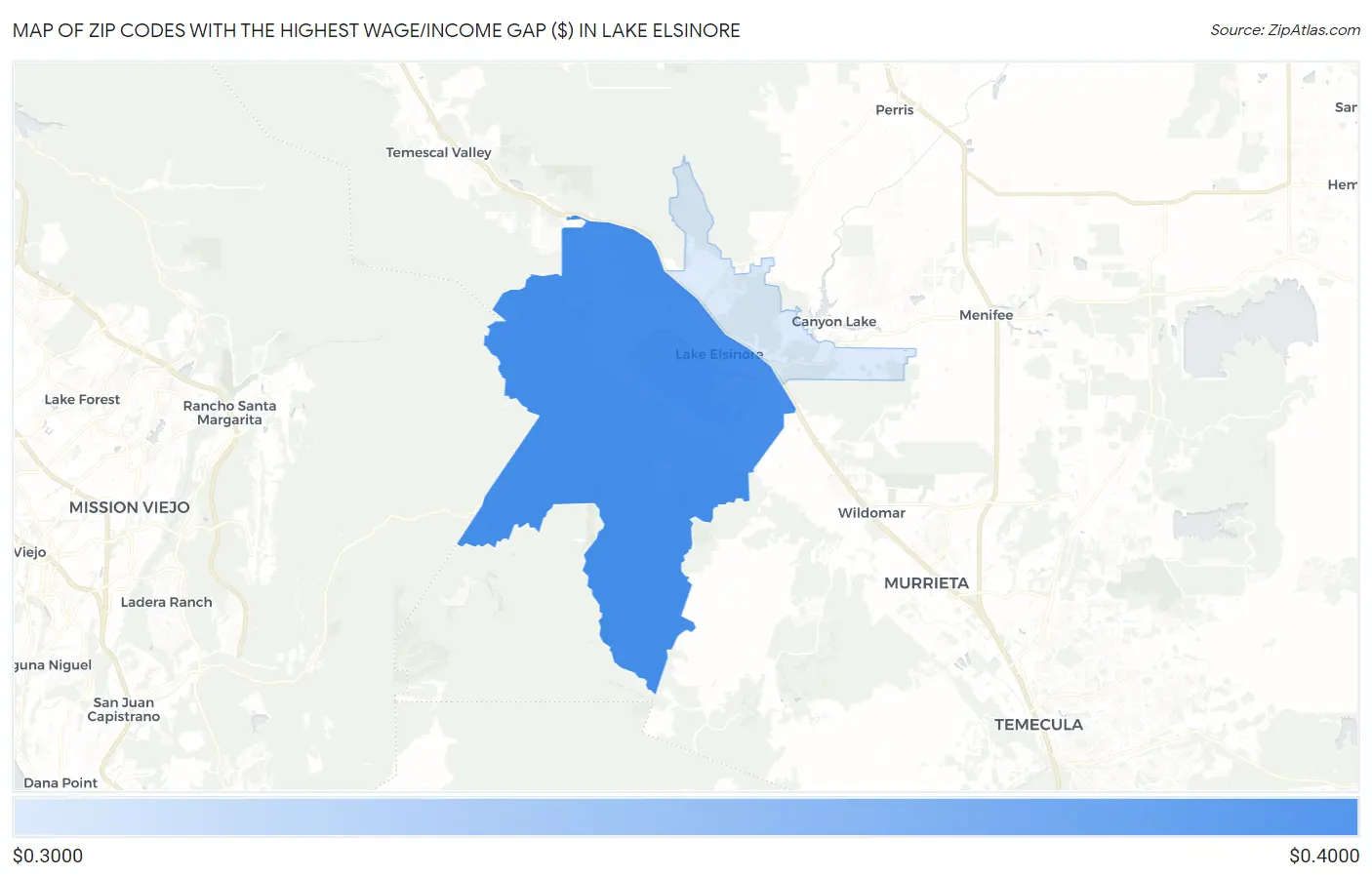 Zip Codes with the Highest Wage/Income Gap ($) in Lake Elsinore Map