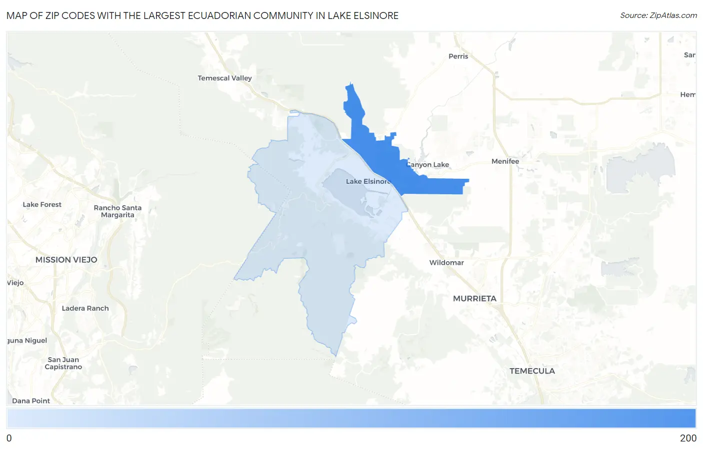 Zip Codes with the Largest Ecuadorian Community in Lake Elsinore Map