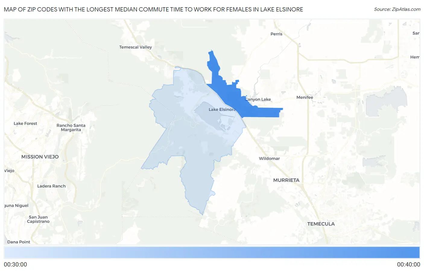 Zip Codes with the Longest Median Commute Time to Work for Females in Lake Elsinore Map