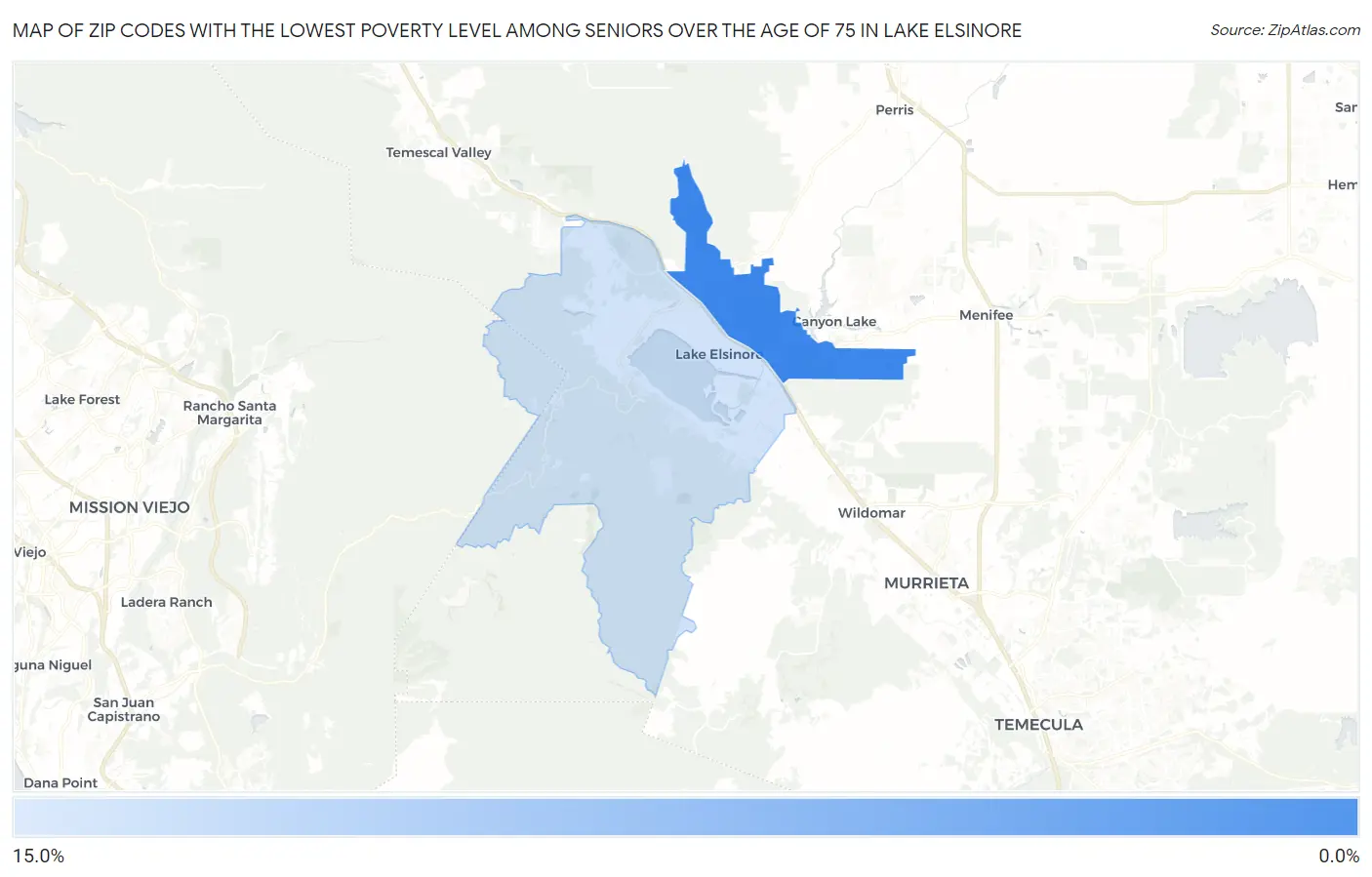 Zip Codes with the Lowest Poverty Level Among Seniors Over the Age of 75 in Lake Elsinore Map