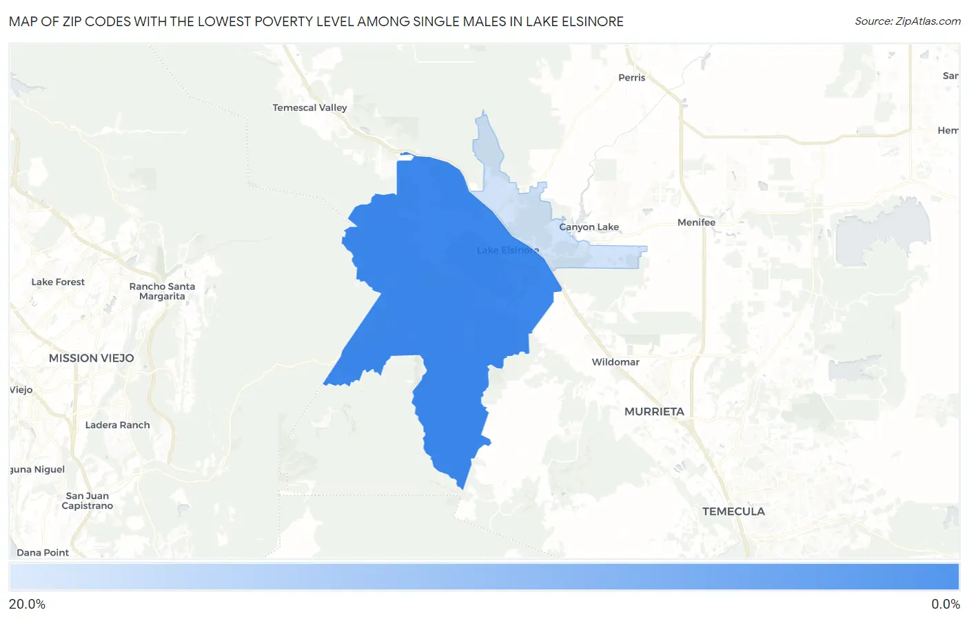 Zip Codes with the Lowest Poverty Level Among Single Males in Lake Elsinore Map
