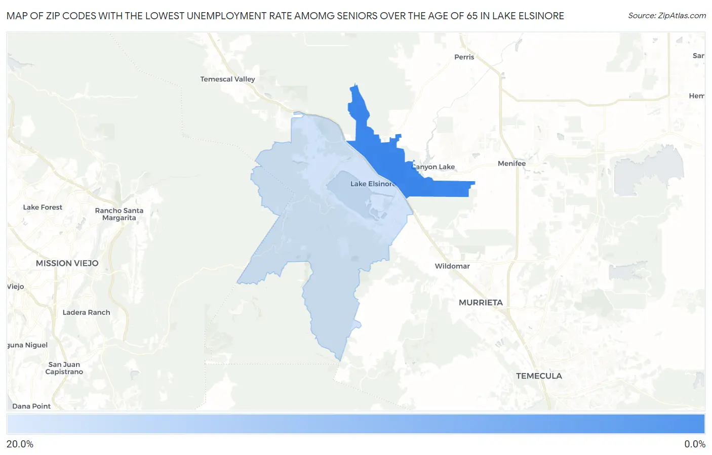 Zip Codes with the Lowest Unemployment Rate Amomg Seniors Over the Age of 65 in Lake Elsinore Map