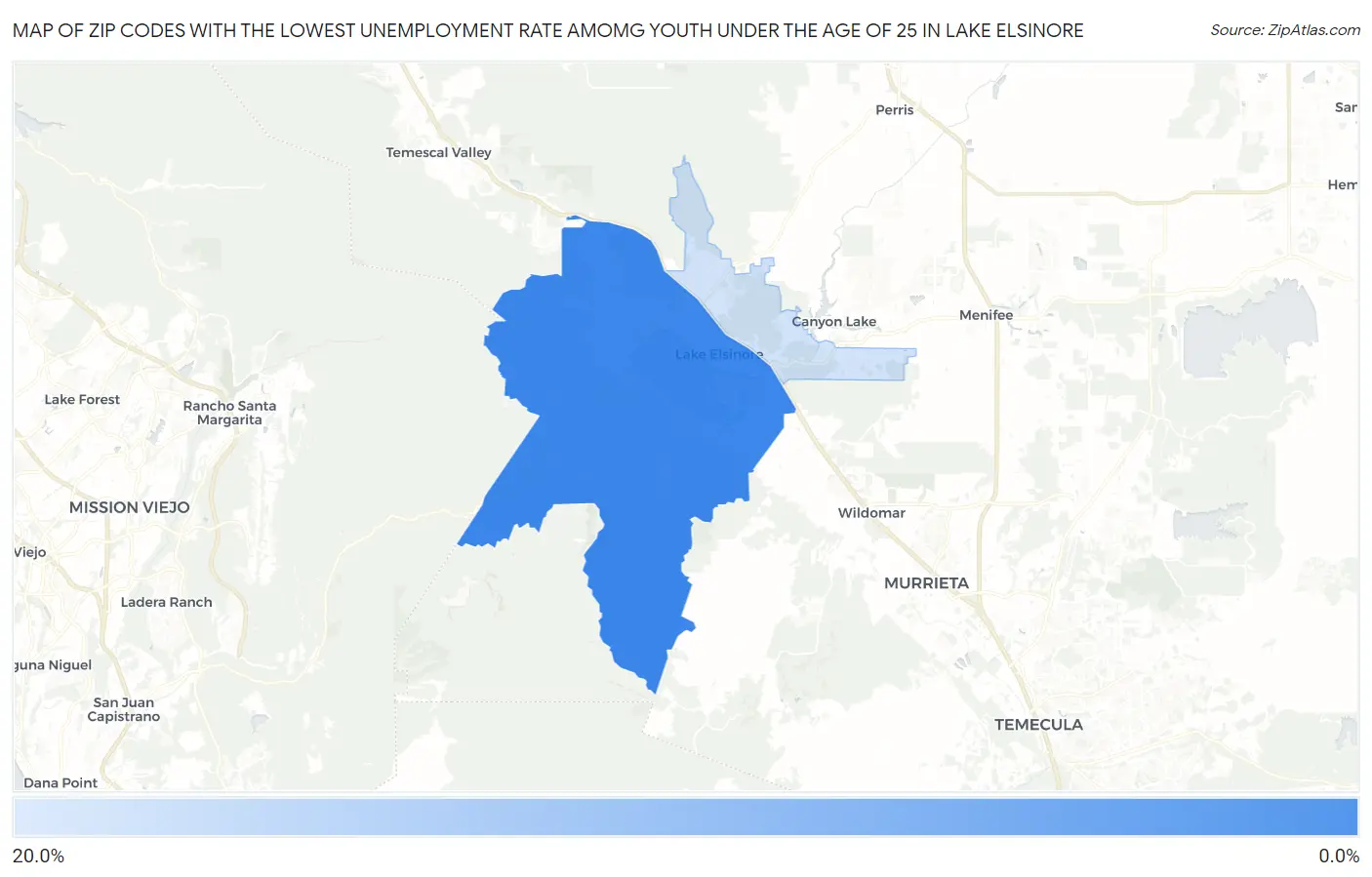 Zip Codes with the Lowest Unemployment Rate Amomg Youth Under the Age of 25 in Lake Elsinore Map