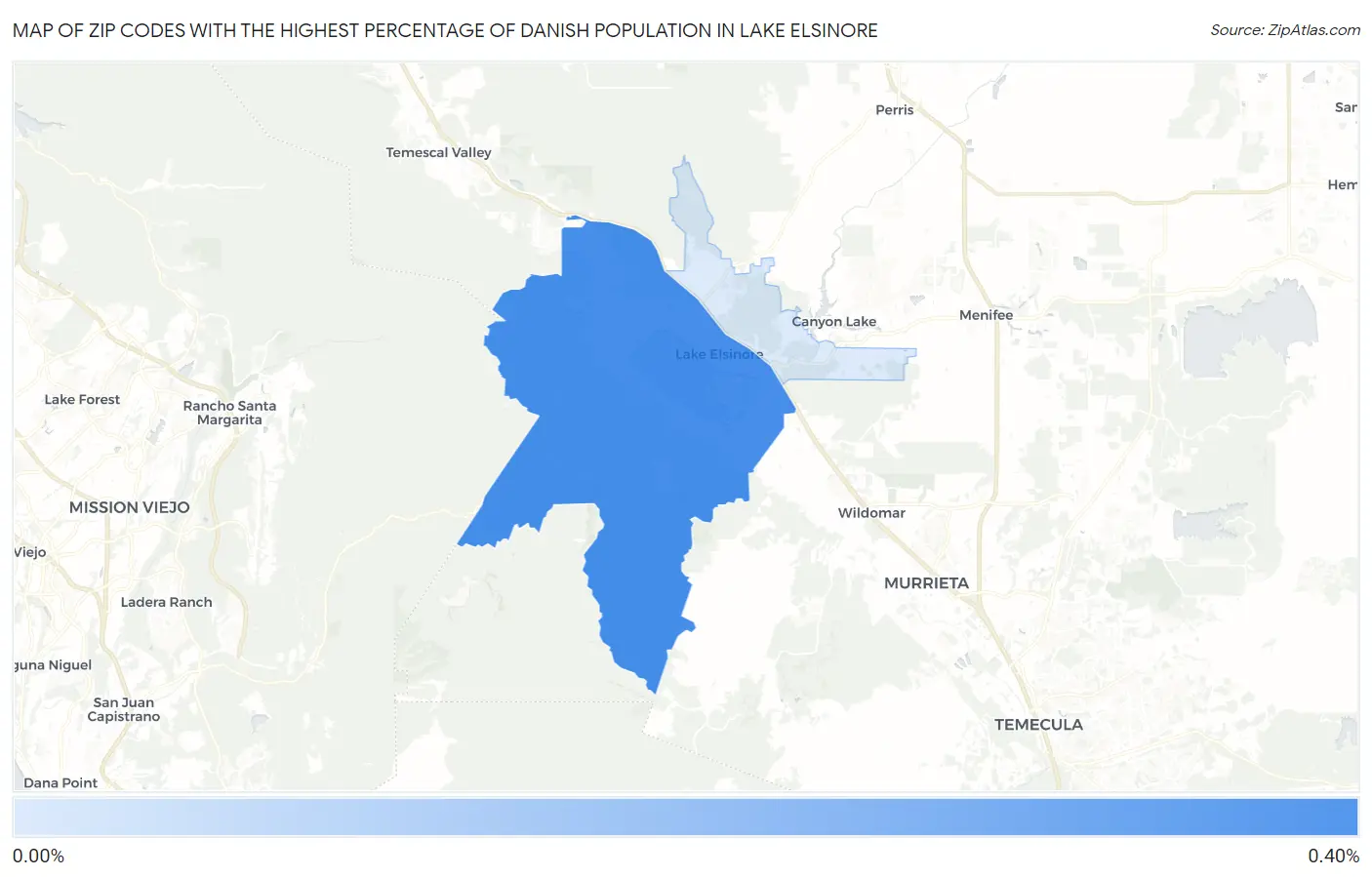 Zip Codes with the Highest Percentage of Danish Population in Lake Elsinore Map