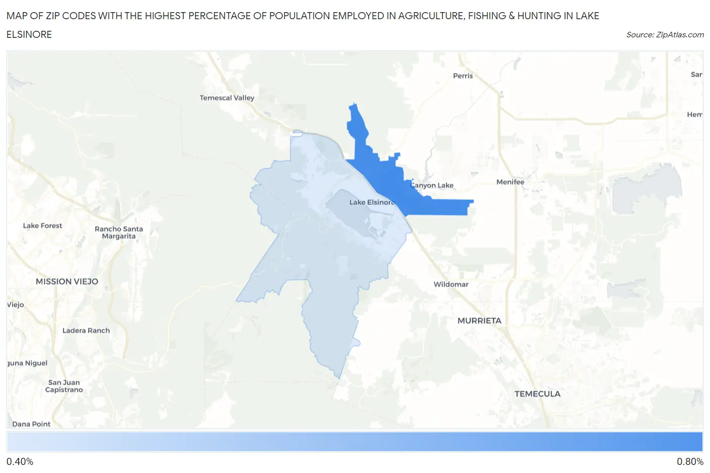Zip Codes with the Highest Percentage of Population Employed in Agriculture, Fishing & Hunting in Lake Elsinore Map