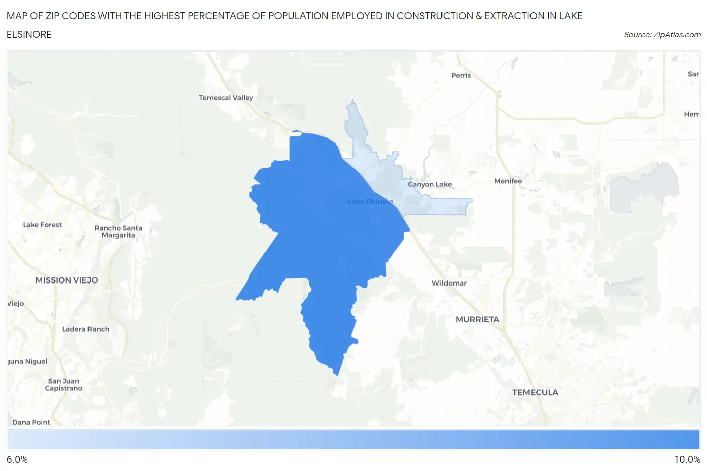 Zip Codes with the Highest Percentage of Population Employed in Construction & Extraction in Lake Elsinore Map