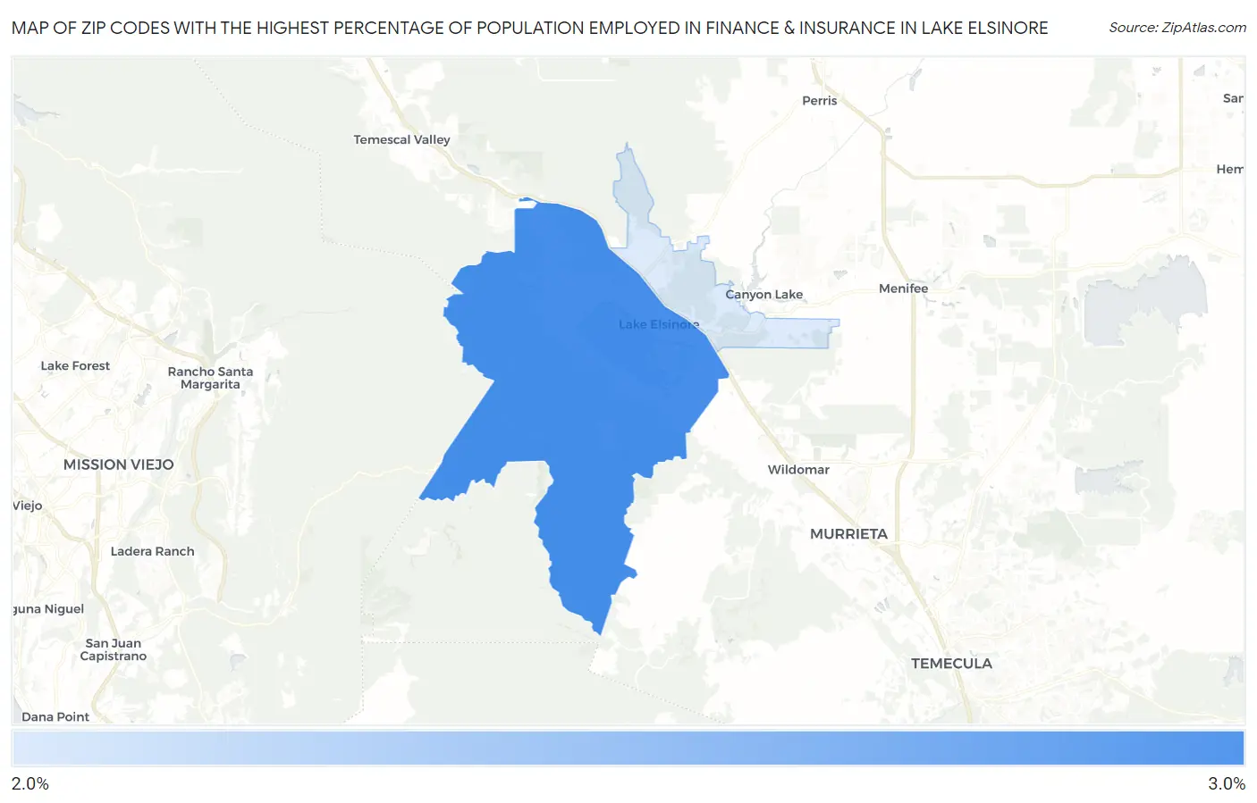 Zip Codes with the Highest Percentage of Population Employed in Finance & Insurance in Lake Elsinore Map