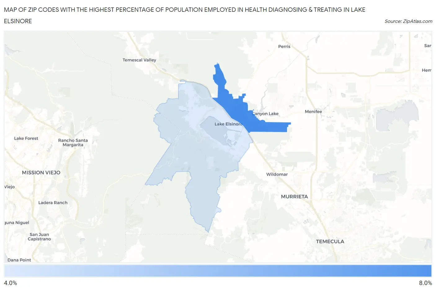 Zip Codes with the Highest Percentage of Population Employed in Health Diagnosing & Treating in Lake Elsinore Map