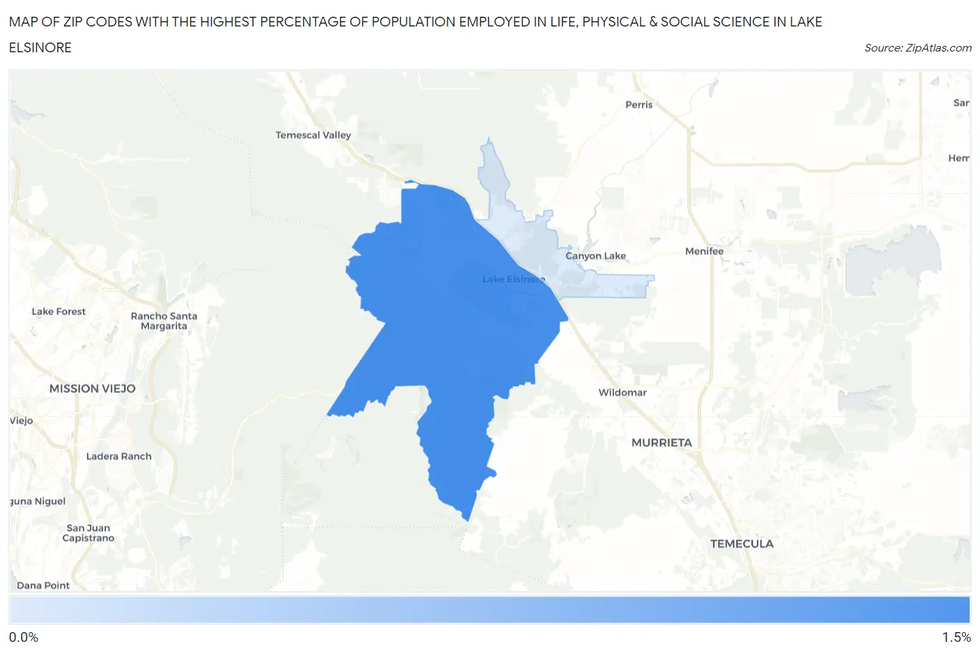 Zip Codes with the Highest Percentage of Population Employed in Life, Physical & Social Science in Lake Elsinore Map
