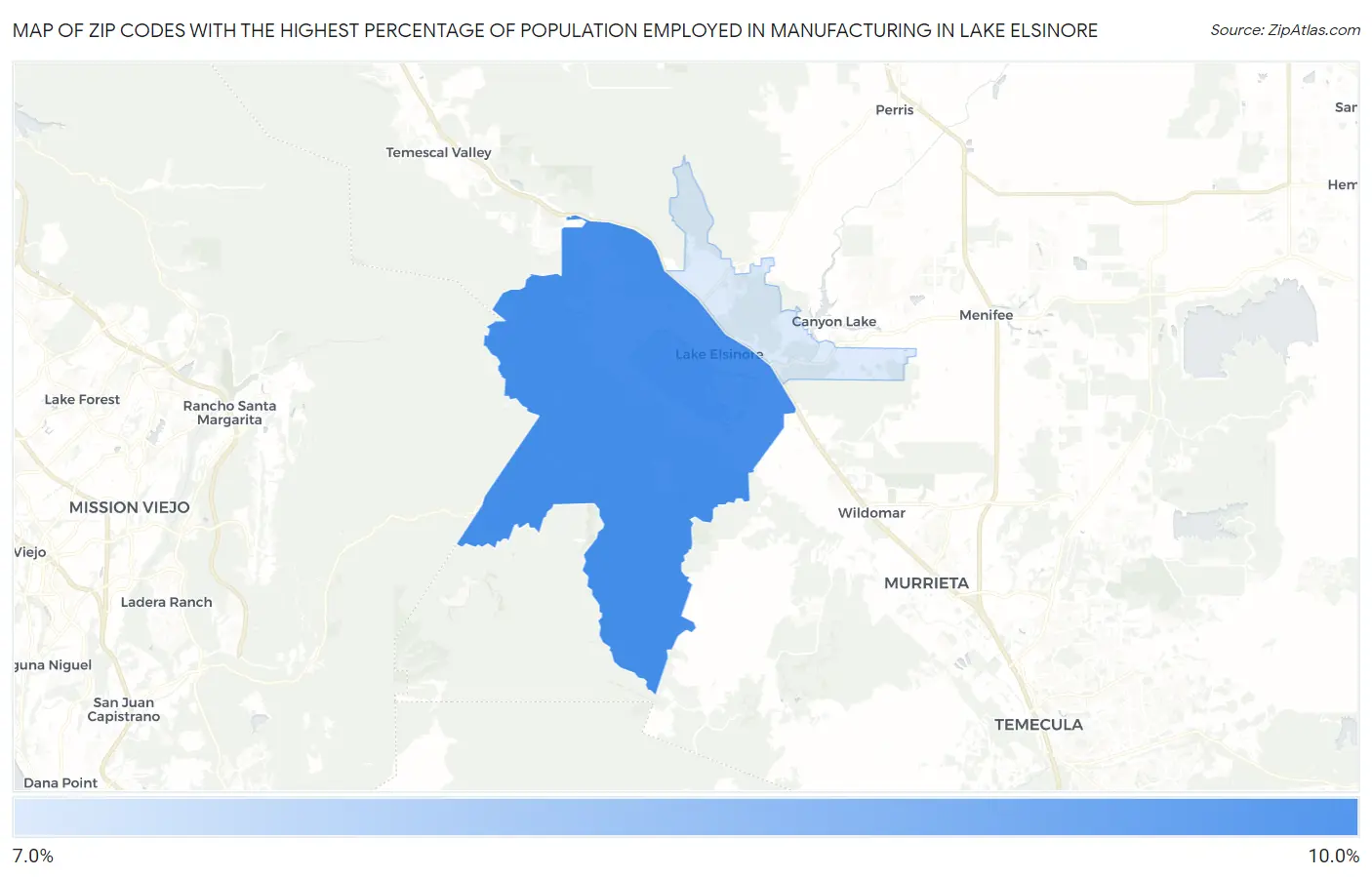 Zip Codes with the Highest Percentage of Population Employed in Manufacturing in Lake Elsinore Map