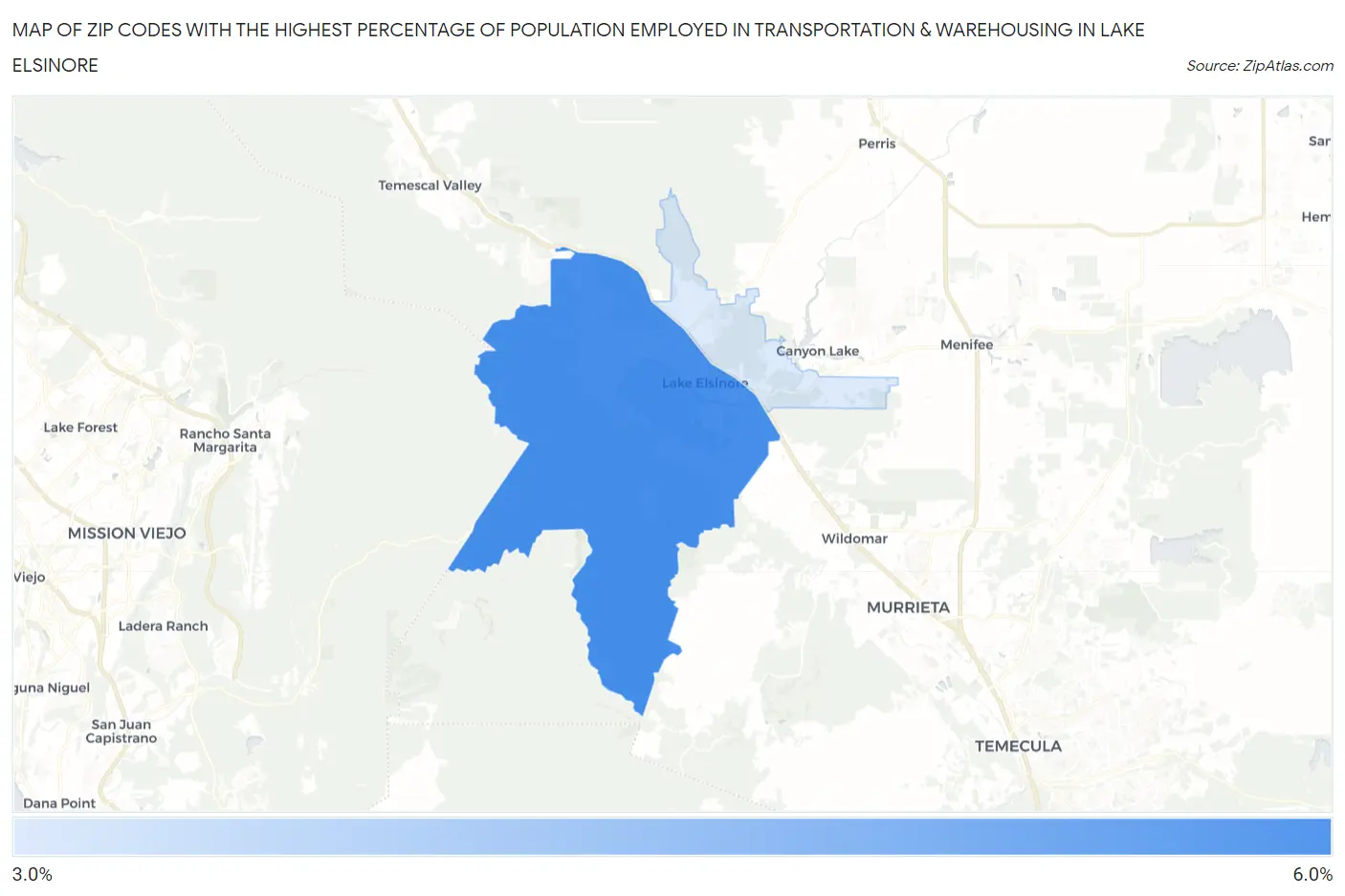 Zip Codes with the Highest Percentage of Population Employed in Transportation & Warehousing in Lake Elsinore Map