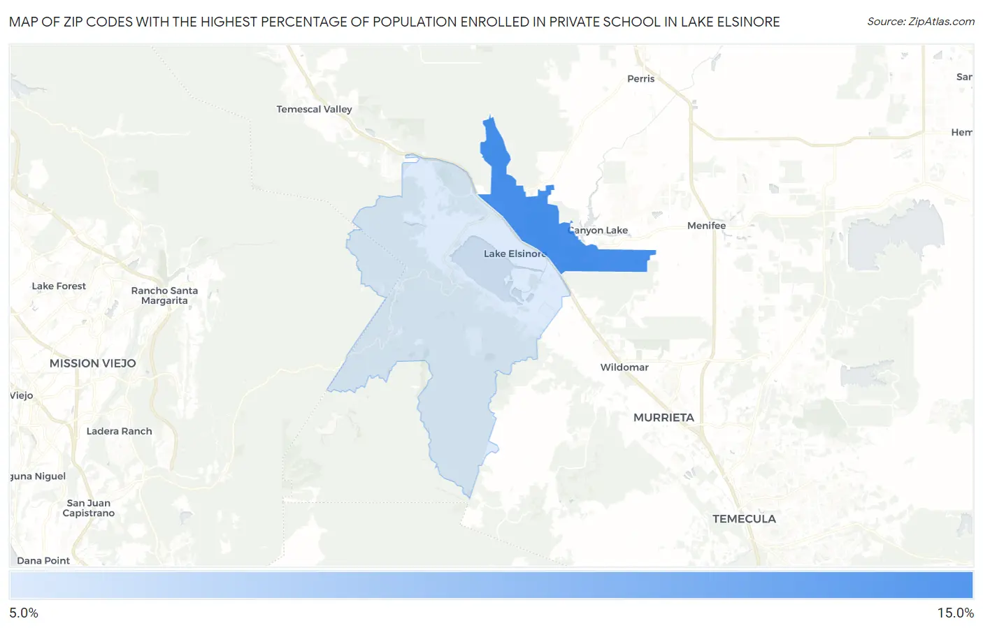 Zip Codes with the Highest Percentage of Population Enrolled in Private School in Lake Elsinore Map