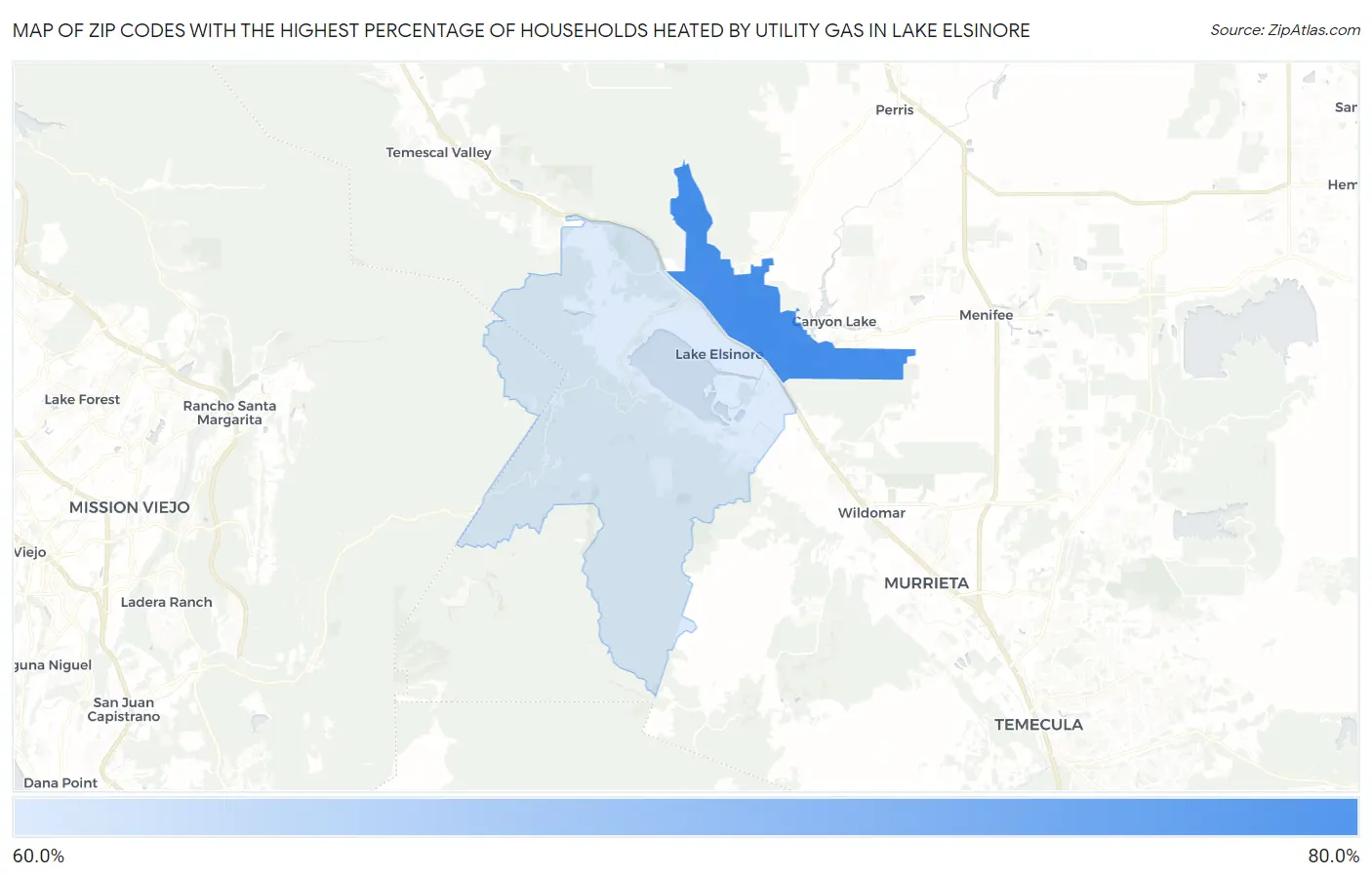 Zip Codes with the Highest Percentage of Households Heated by Utility Gas in Lake Elsinore Map