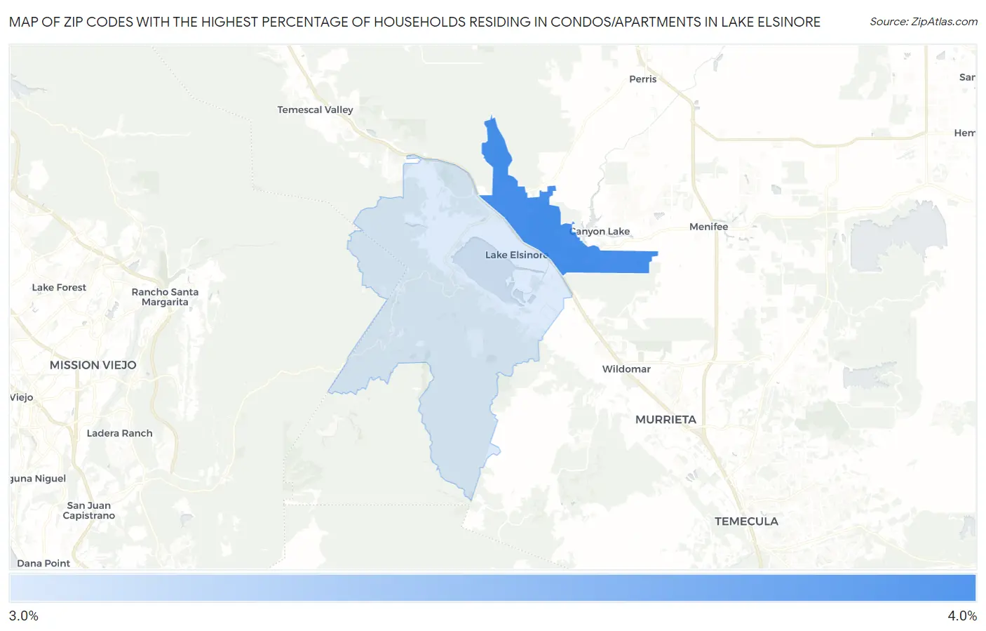 Zip Codes with the Highest Percentage of Households Residing in Condos/Apartments in Lake Elsinore Map