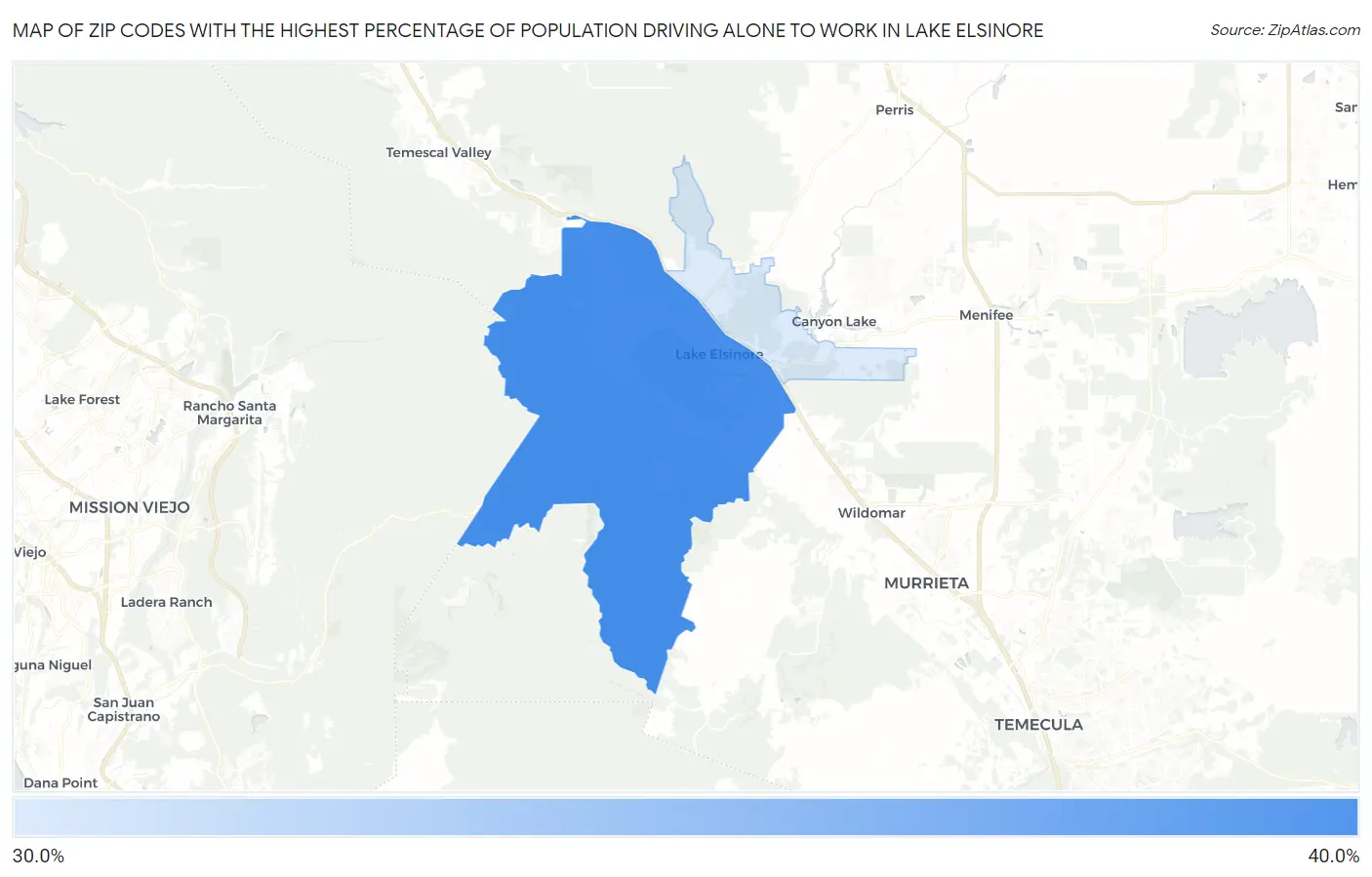 Zip Codes with the Highest Percentage of Population Driving Alone to Work in Lake Elsinore Map