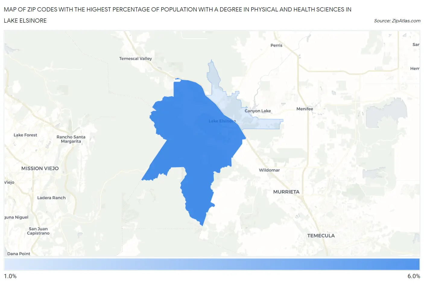 Zip Codes with the Highest Percentage of Population with a Degree in Physical and Health Sciences in Lake Elsinore Map