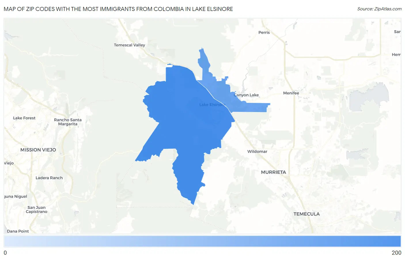 Zip Codes with the Most Immigrants from Colombia in Lake Elsinore Map