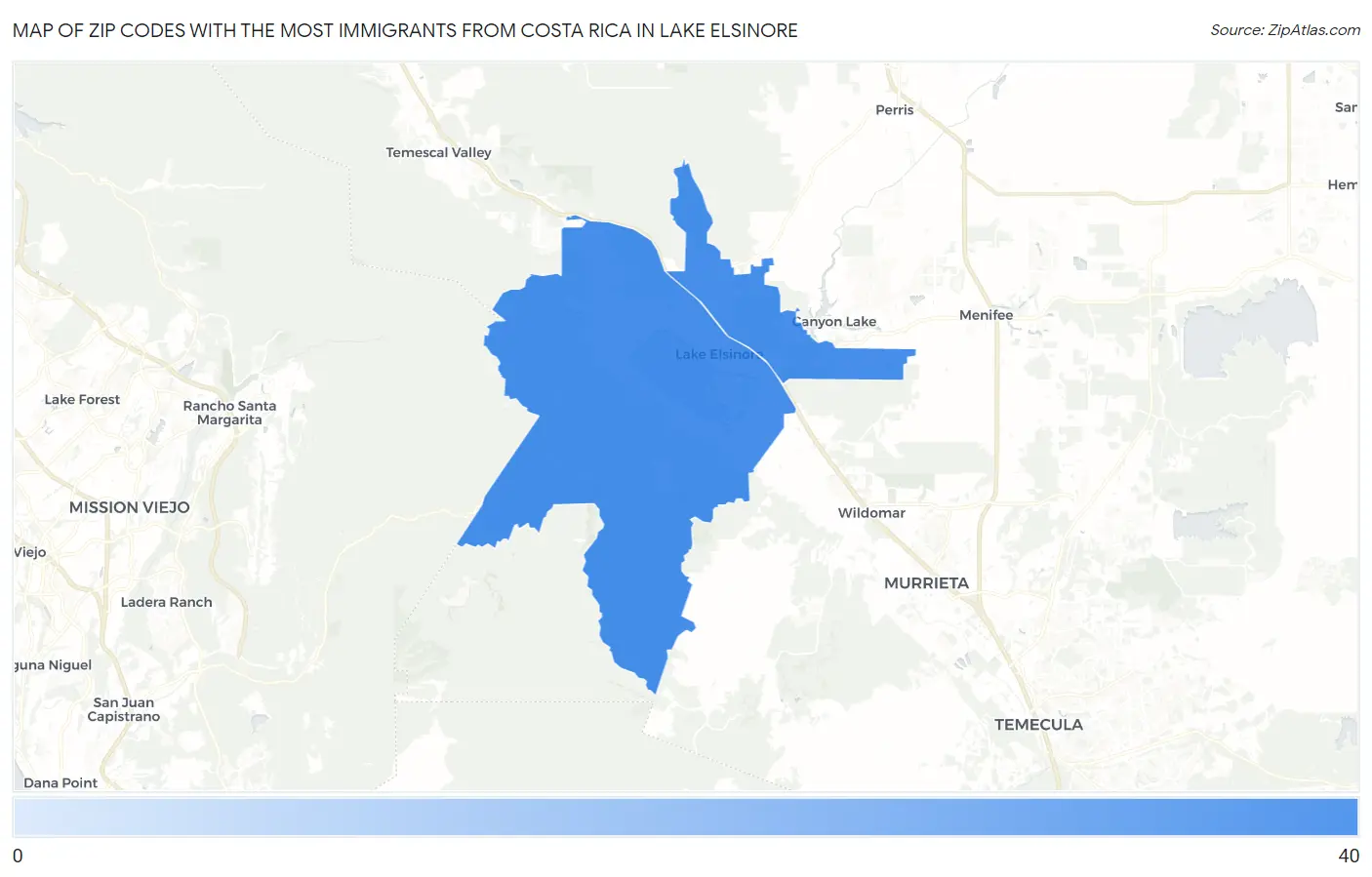Zip Codes with the Most Immigrants from Costa Rica in Lake Elsinore Map