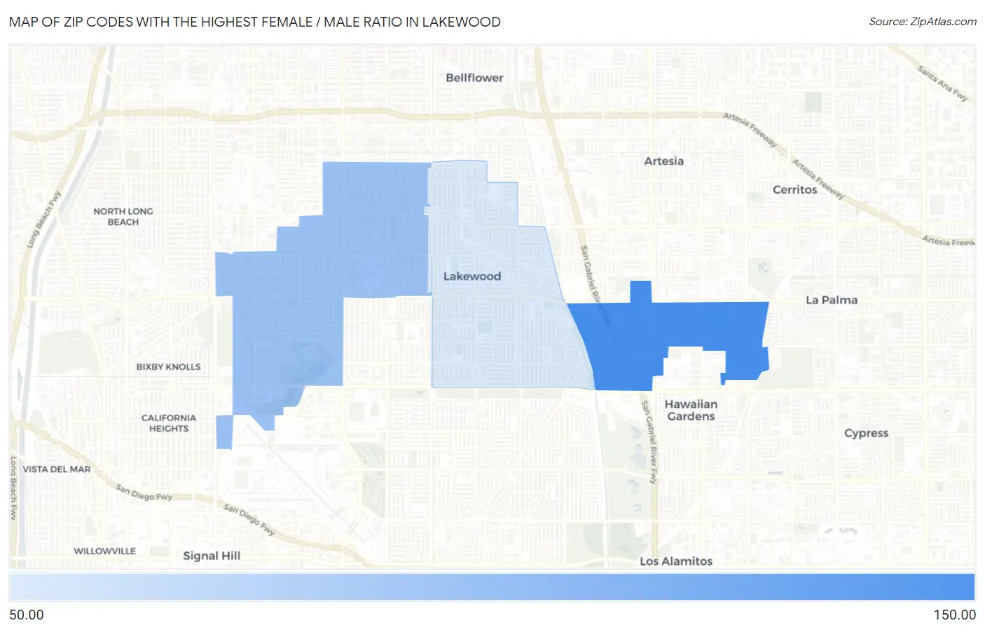 Zip Codes with the Highest Female / Male Ratio in Lakewood Map