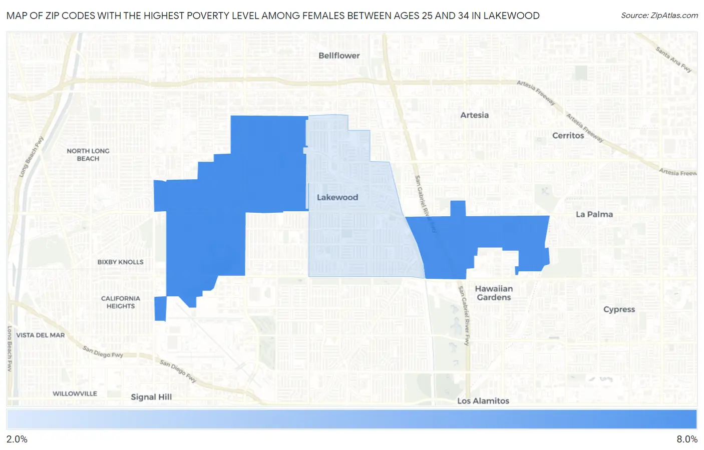 Zip Codes with the Highest Poverty Level Among Females Between Ages 25 and 34 in Lakewood Map
