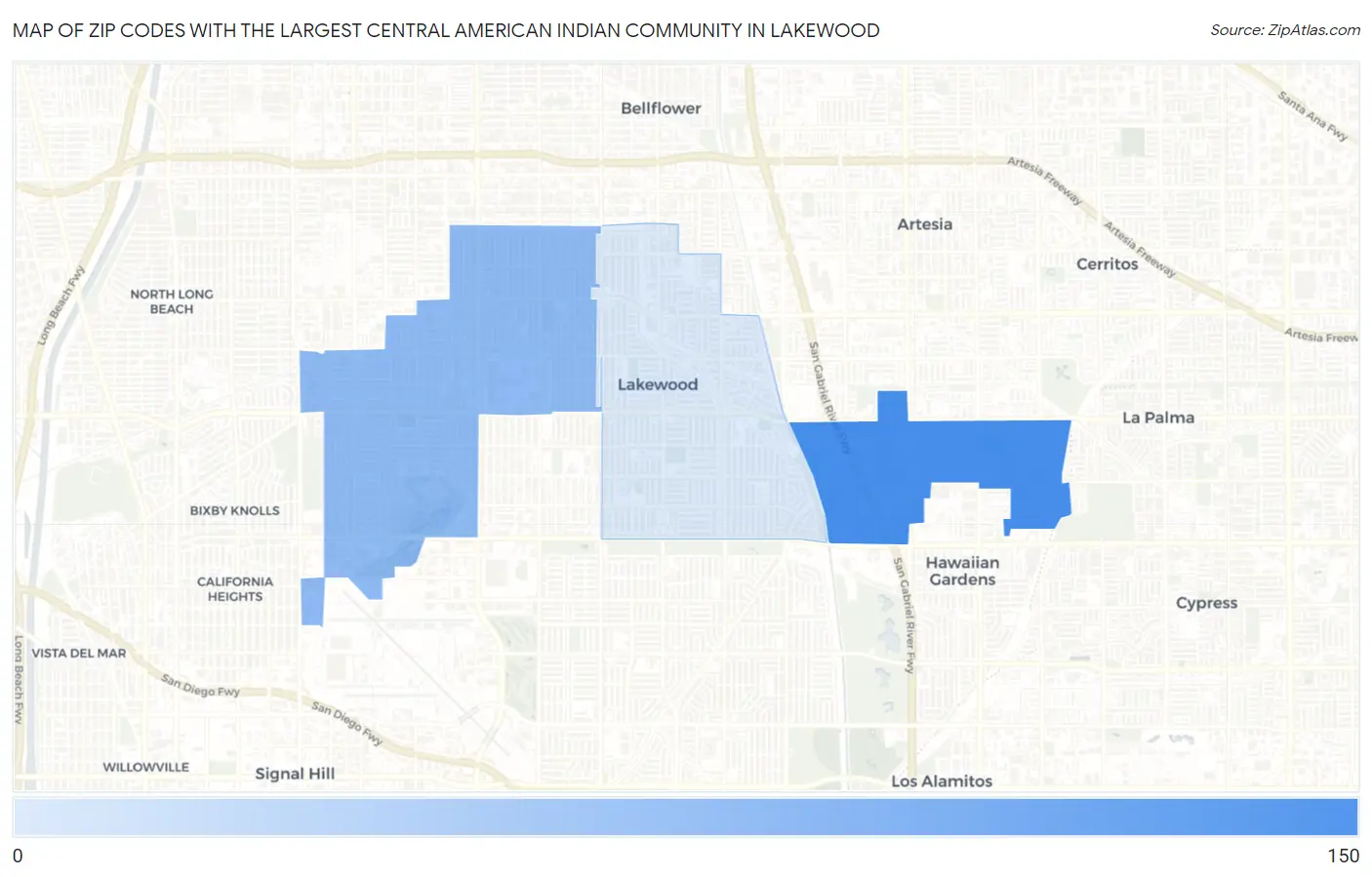Zip Codes with the Largest Central American Indian Community in Lakewood Map