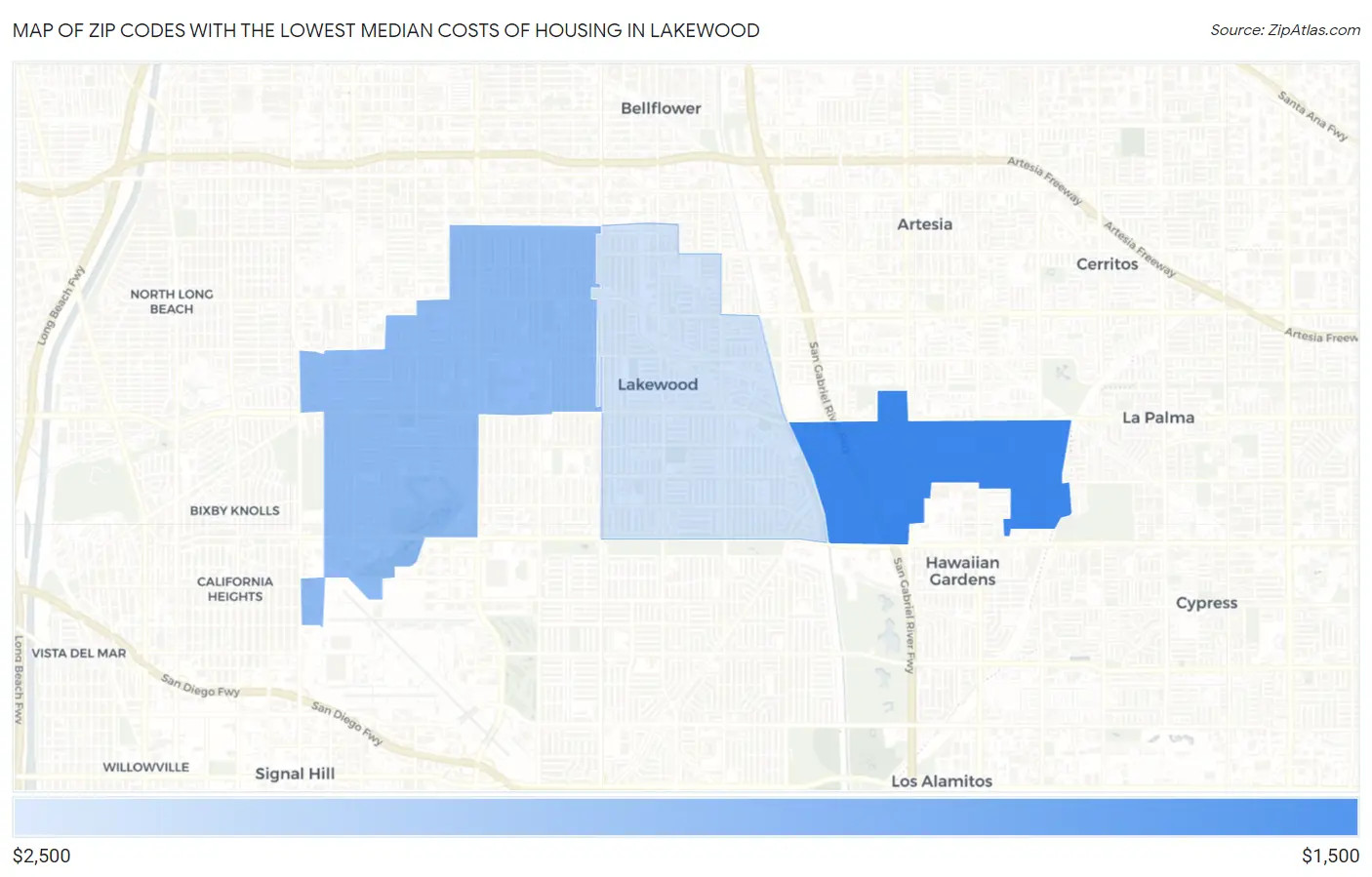 Zip Codes with the Lowest Median Costs of Housing in Lakewood Map